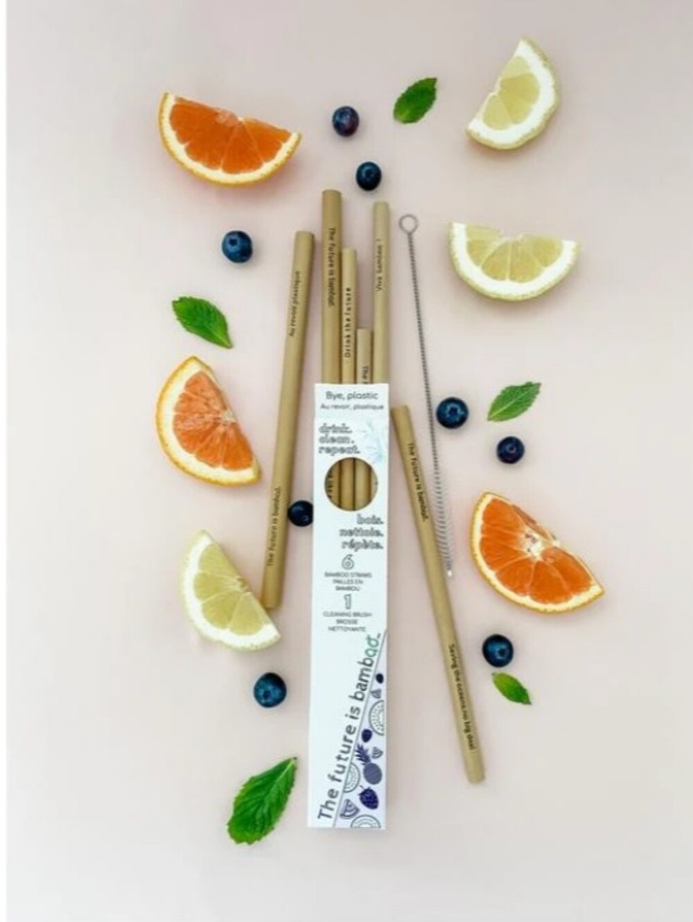 6 Bamboo Reusable Straws with Cleaning Brush - Natural Beige